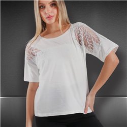Mujer remera algodon lycra hombro bordado estrass - FRA