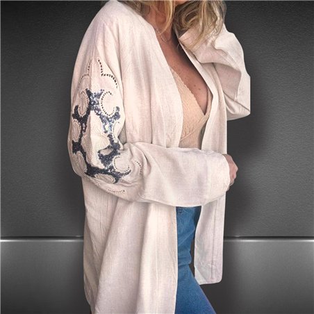 Mujer kimono lino bordado espalda en mangas - FRA