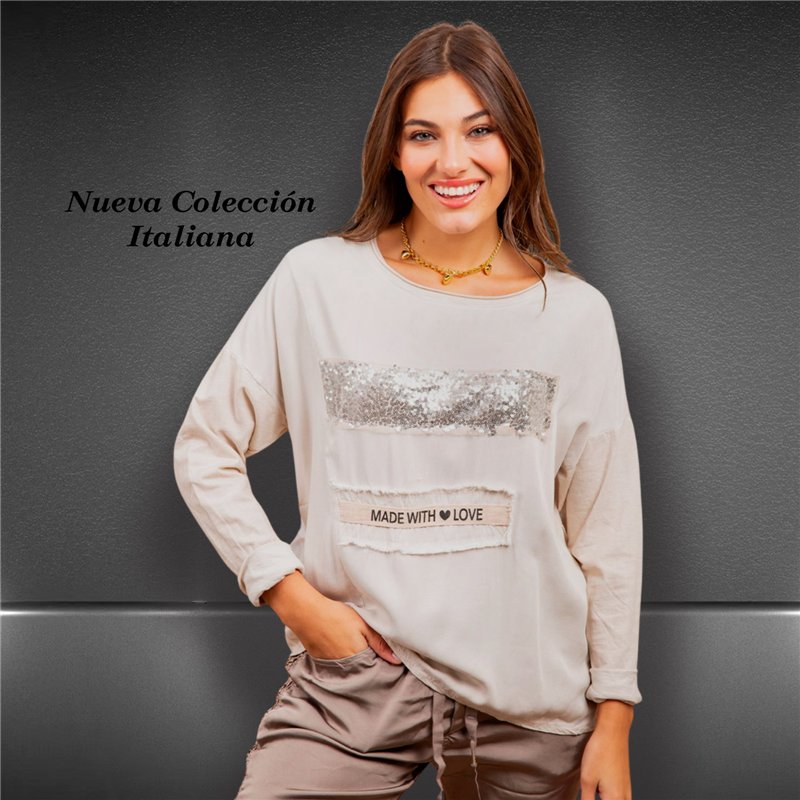 Mujer remera lino mangas largas frente lentejuelas italiana - IB