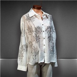 Mujer camisa lino amplia bordada flores brillo - OG