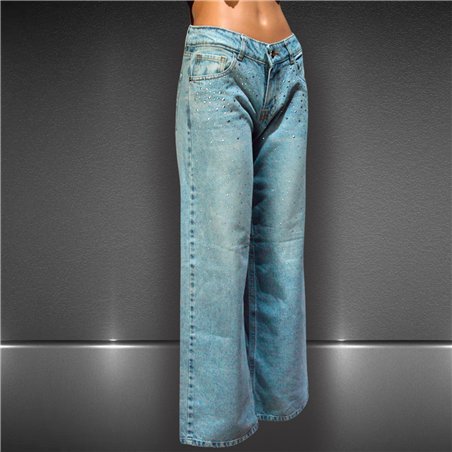 Mujer pantalon jean wide leg frente brillo - bel