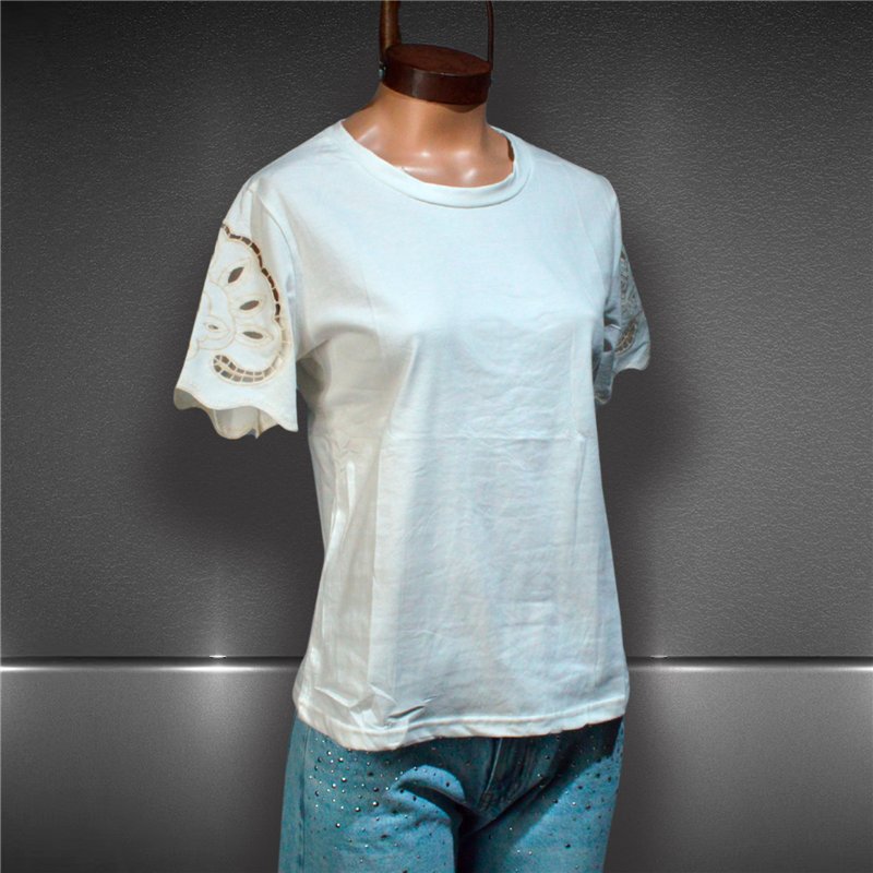 Mujer remera algodon bordada en mangas - FRA