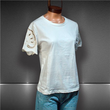 Mujer remera algodon bordada en mangas - FRA