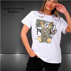 Mujer remera algodon estampa conejo brillos linea italiana - IB