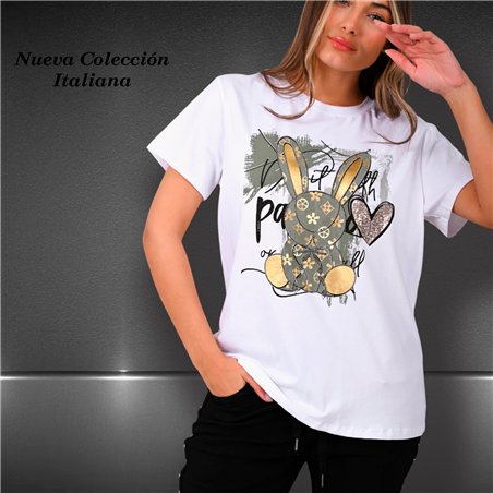 Mujer remera algodon estampa conejo brillos linea italiana - IB