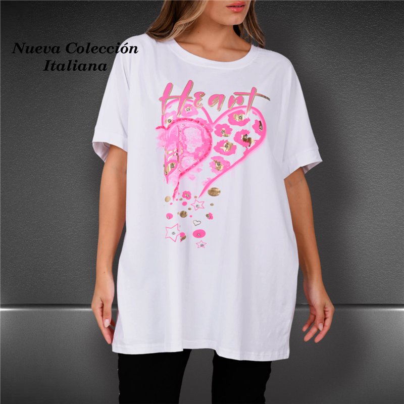 Mujer remeron algodon estampa HEART brillo linea italiana - IB