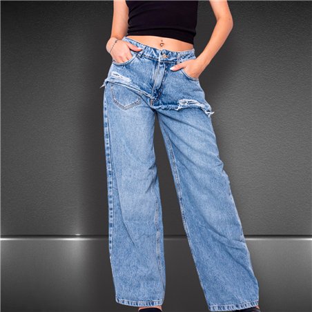 Mujer pantalon jean wide leg frente bolsillos desflecados - BEL