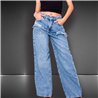 Mujer pantalon jean wide leg frente bolsillos desflecados - BEL
