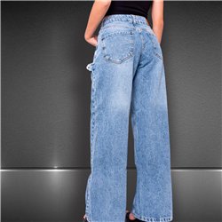 Mujer pantalon jean wide leg frente bolsillos desflecados - BEL