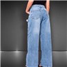 Mujer pantalon jean wide leg frente bolsillos desflecados - BEL