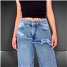 Mujer pantalon jean wide leg frente bolsillos desflecados - BEL