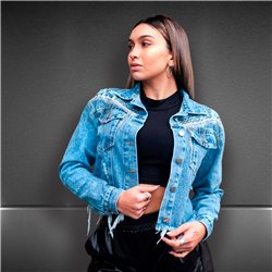 Mujer campera jean corta tachas flecos - Y