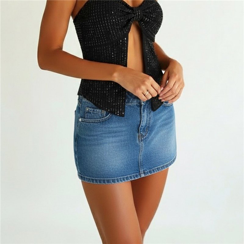 Mujer pollera jean corta bordado en bolsillos - EM