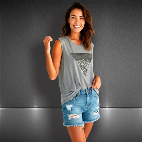 Mujer remera creep amplia frente brillos boton - OG