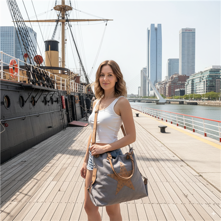 Bolso Lona aplique estrella tachas doble manija - GOA