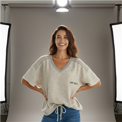 Mujer blusa lino combinado hombros tejido escote V - OG