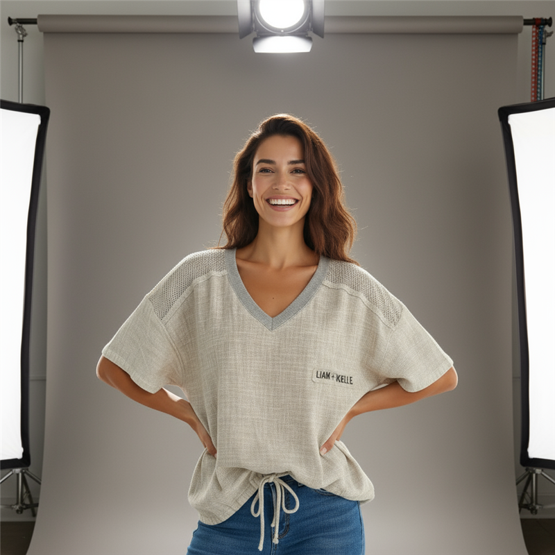 Mujer blusa lino combinado hombros tejido escote V - OG