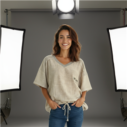 Mujer blusa lino combinado hombros tejido escote V - OG