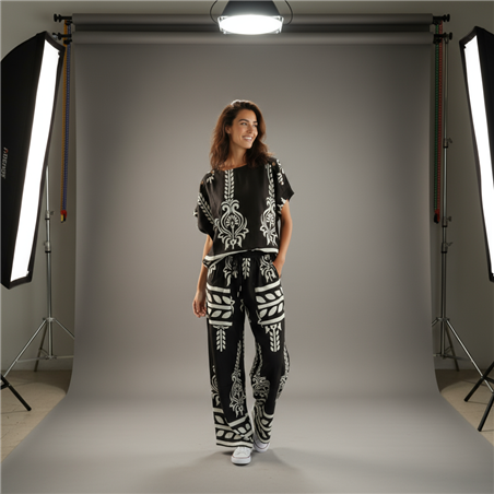 Mujer conjunto lino estampa arabesco detalle negro - FRA