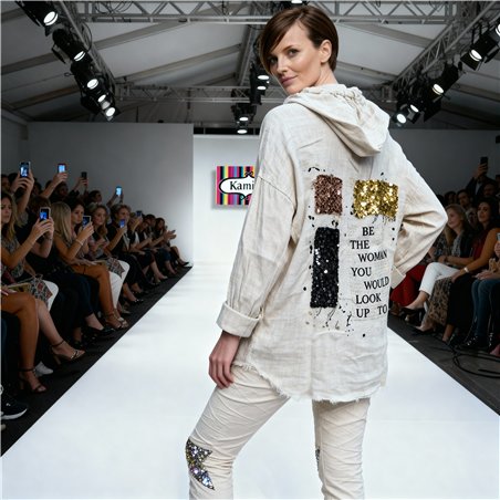 Mujer camisa lino capucha aplique en espalda linea italiana - IB