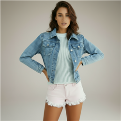 Mujer campera jean rigido piedras en hombro - FRA