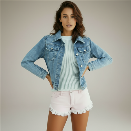 Mujer campera jean rigido piedras en hombro - FRA