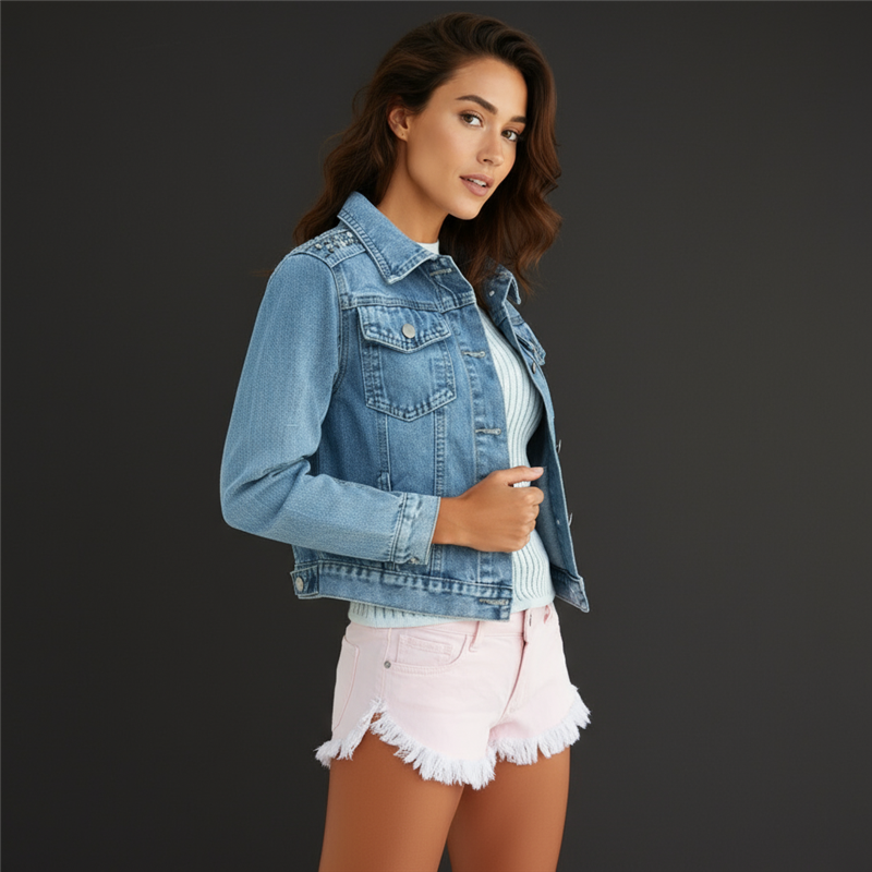 Mujer campera jean rigido piedras en hombro - FRA
