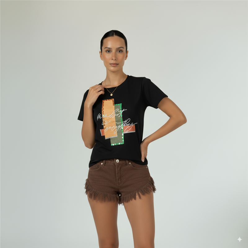 Mujer remera algodon estampa engomado estrass - FRA