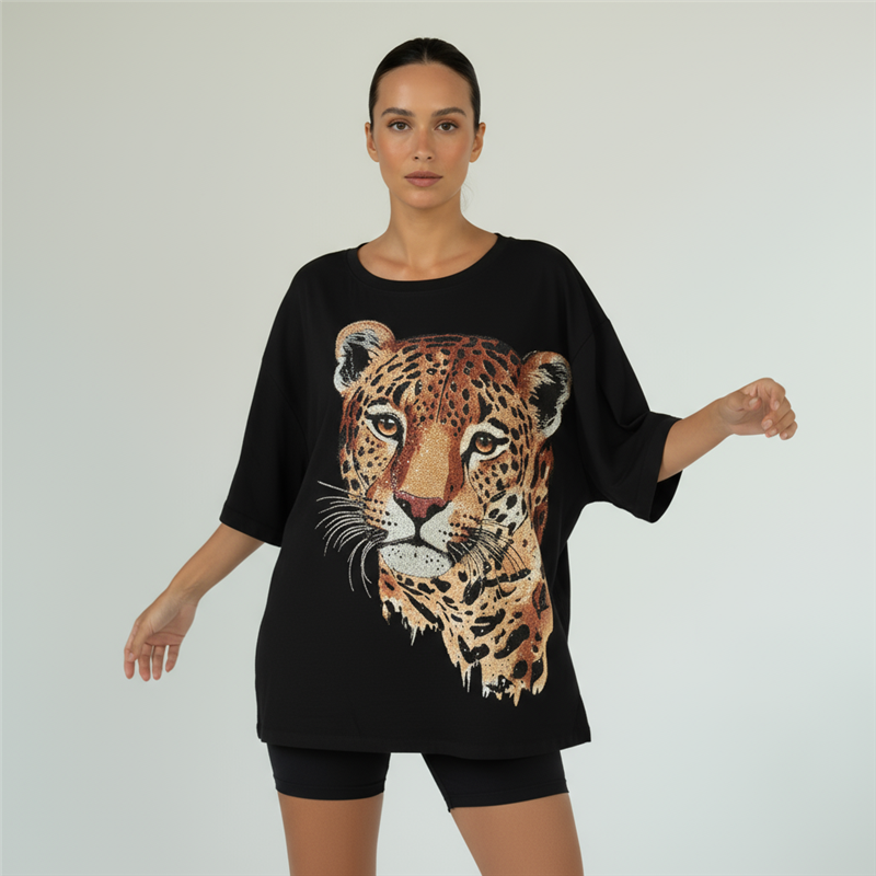 Mujer remeron algodon estampa tigre brillo linea italiana - IB