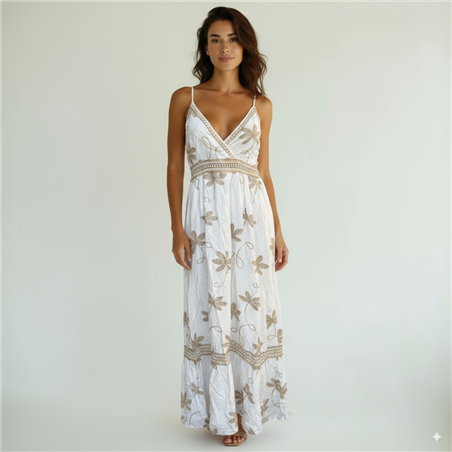 Mujer vestido lino largo bordado flores - FRA