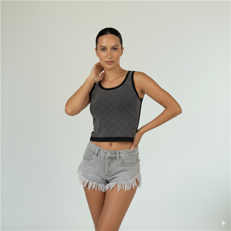 Mujer Musculosa algodon lycra corta frente estrass - FRA