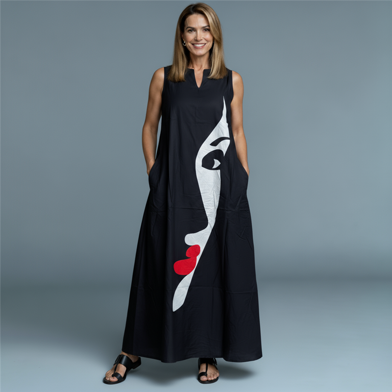 Mujer Vestido creep largo estampa rostro - FRA