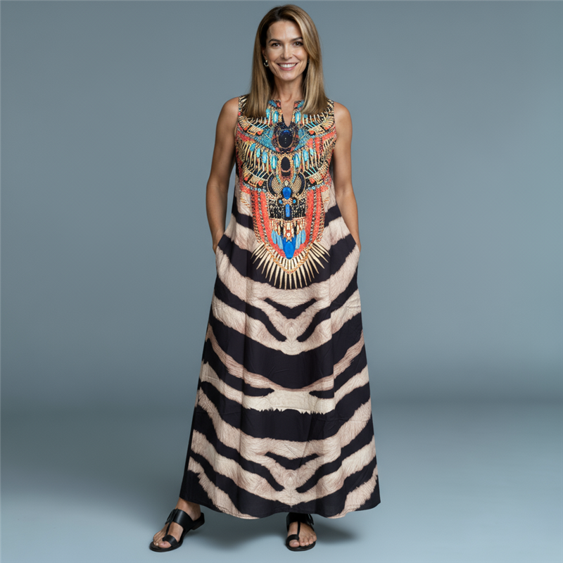 Mujer Vestido creep largo estampa Ejipcia combinado print - FRA