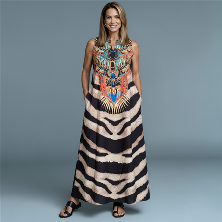 Mujer Vestido creep largo estampa Ejipcia combinado print - FRA