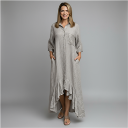 Mujer vestido lino largo frente volado lentejuelas linea italiana - IB