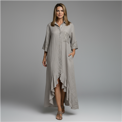 Mujer vestido lino largo frente volado lentejuelas linea italiana - IB