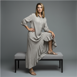 Mujer vestido lino largo frente volado lentejuelas linea italiana - IB