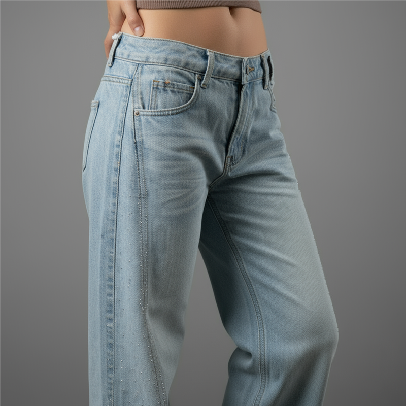 Mujer pantalon jean wide leg estrass laterales - OG