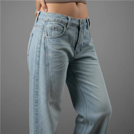 Mujer pantalon jean wide leg estrass laterales - OG