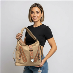 Mujer bolso lona mochila frente bolsillos cinto - GO