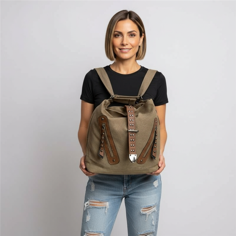 Mujer bolso lona mochila frente bolsillos cinto - GO