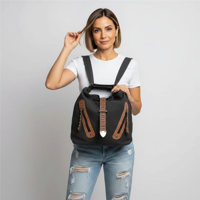 Mujer bolso lona mochila frente bolsillos cinto - GO