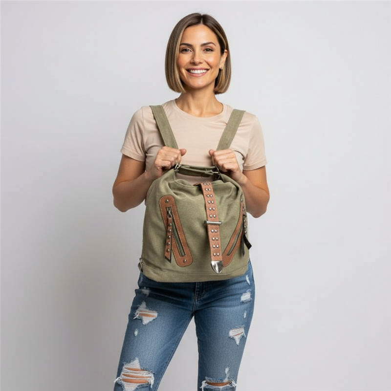 Mujer bolso lona mochila frente bolsillos cinto - GO