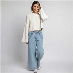 Mujer pantalon jean wide leg bolsillos bordado - EM