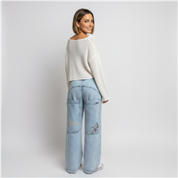 Mujer pantalon jean wide leg bolsillos bordado - EM