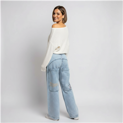 Mujer pantalon jean wide leg bolsillos bordado - EM
