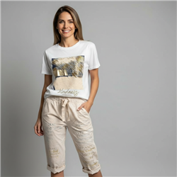 Mujer babucha capri lino elastizado letras brillos linea italiana - IB