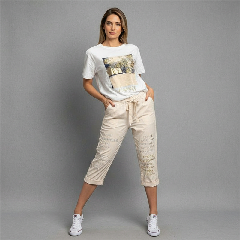 Mujer babucha capri lino elastizado letras brillos linea italiana - IB