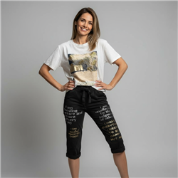 Mujer babucha capri lino elastizado letras brillos linea italiana - IB