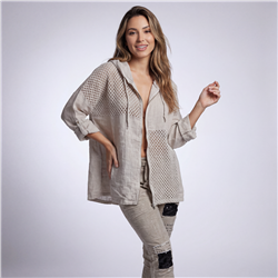 Mujer camisaco lino combinado tejido capucha linea italiana - IB